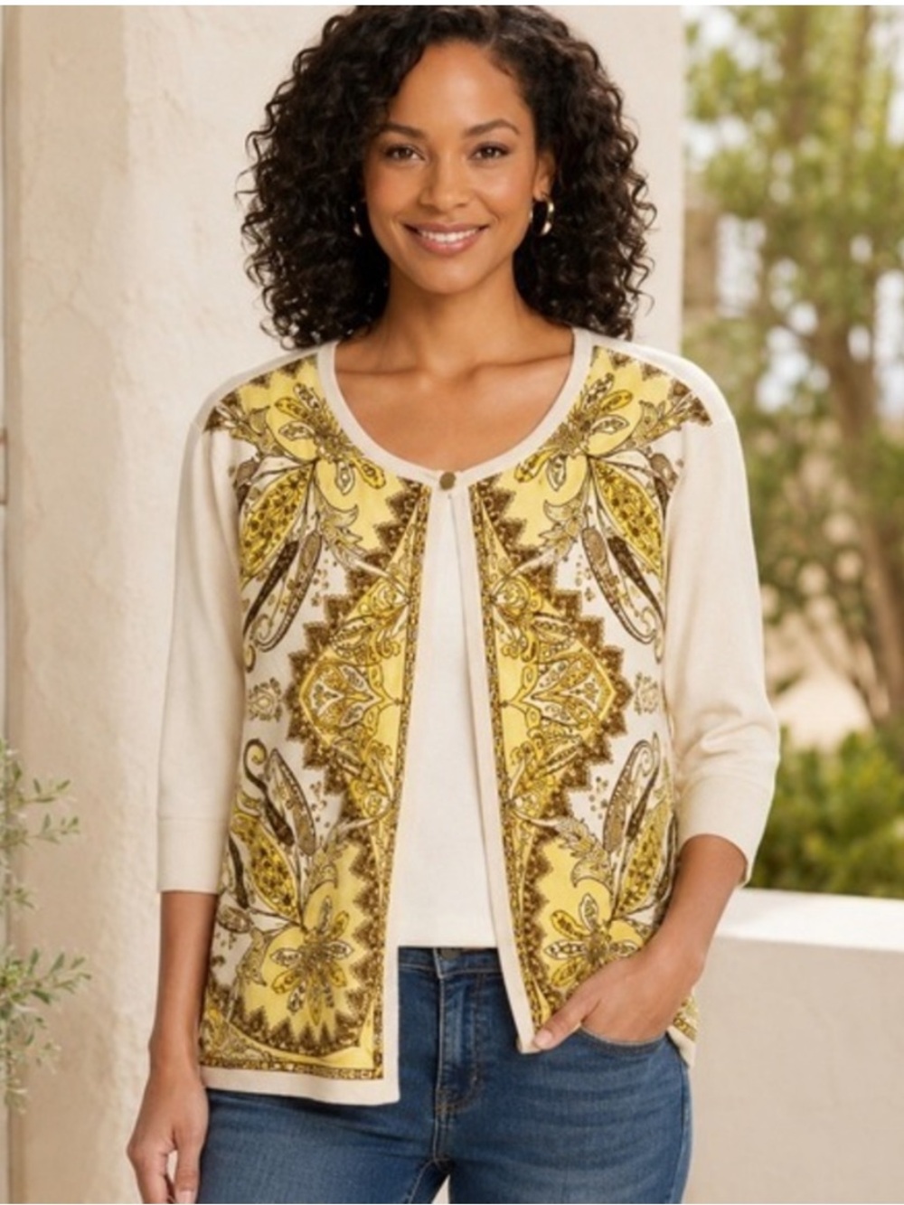TALBOTS Silk Paisley Open Cardigan Sweater yellow brown cream Women’s 2X